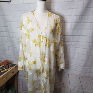 Mi Ami Ethereal Sheer White and Gold Floral Kimono Robe L XL Cover Up Duster
